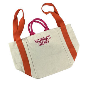 Victoria's Secret Tote Beach Bag Pink Orange Canvas Large Carryall Shoulder